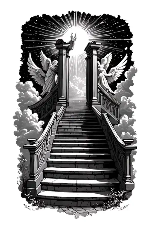 stairway to heaven walking up stairs angels sun rays clouds heaven gate at the top of the stairs  tattoo design idea