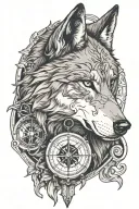 wolf face with old compass intertwined tattoo design idea