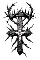 Rosary Cross with thorn crown floating above it make the cross fully filled in black and make it a Roman cross tattoo design idea