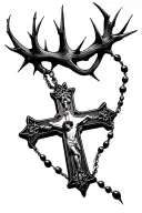 Rosary Cross with thorn crown floating above it make the cross fully filled in black and make it a Roman cross tattoo design idea
