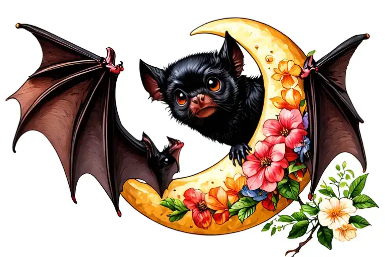 fruit bat with open wings crescent moon with dainty floral stems tattoo design idea