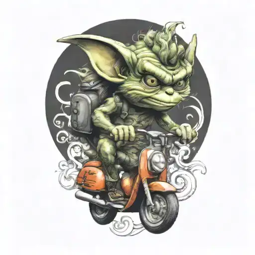 gremlin riding a scooter curly hair gavin   tattoo design idea