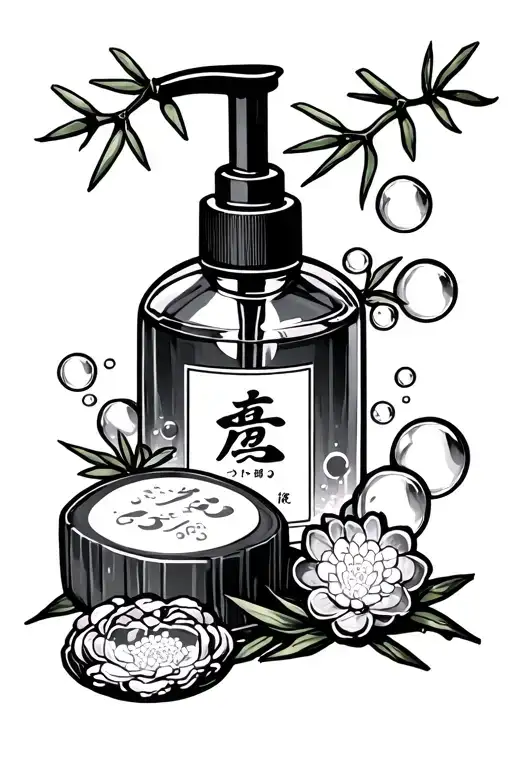 Japanese style tattoo with soap bar and soap bottle soap bubbles with bamboo cap tattoo design idea