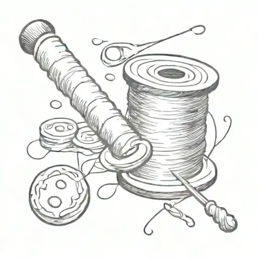 a spool of thread and a needle with a rolling pin and a cookie mold tattoo design idea