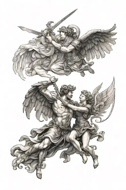 renaissance art of angels fighting enemies  tattoo design idea