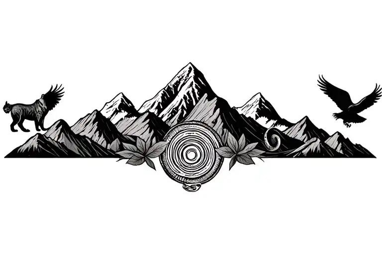 Peruvian mountain range with 3 coca leaves and pachamama spiral and surrounded by a cougar and a snake and a condor tattoo design idea