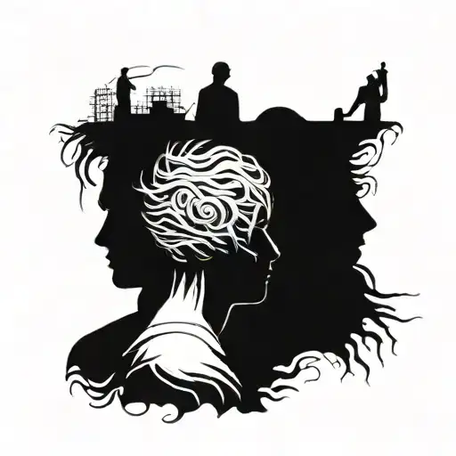 shadow people keeping head up. minimal, no extra fancy details. very black and dark, scary. tattoo design idea