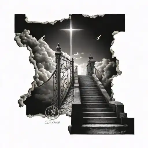 stairway to heaven gates with jesus at the top and fallen loved ones names on each step tattoo design idea