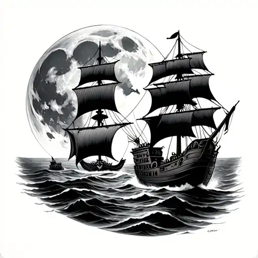 full moon with scull and pirate ghost ship sailing tattoo design idea