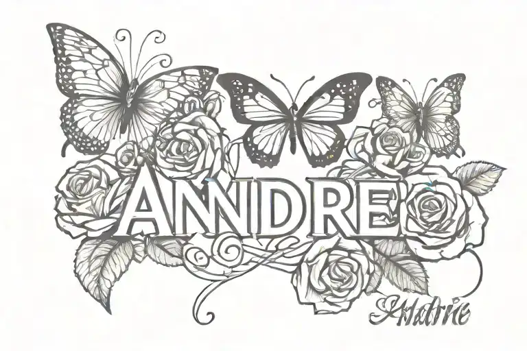 The name andre in red ink with roses and butterflies tattoo design idea