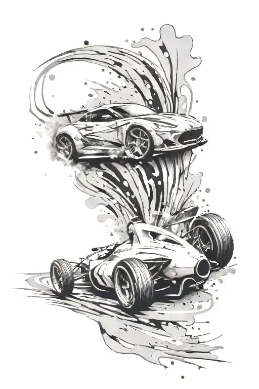 A tattoo design of a racing car speeding through a paint splatter, combining the client's interests in sport car racing and painting. tattoo design idea