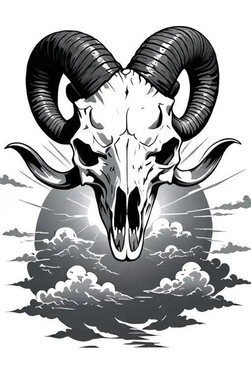 a ram skull with bright clouds in the background with the sun shining through  tattoo design idea
