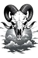 a ram skull with bright clouds in the background with the sun shining through  tattoo design idea