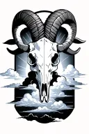 a ram skull with bright clouds in the background with the sun shining through  tattoo design idea