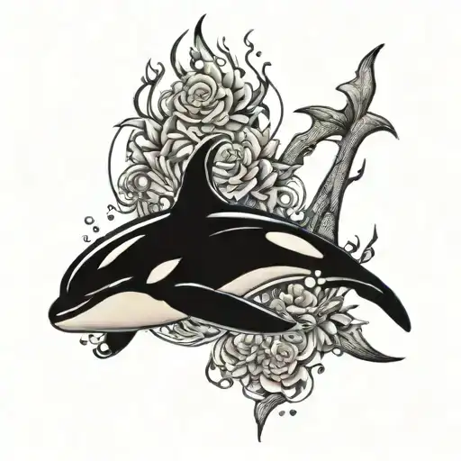 Tattoo on the left forearm. The main subject is a killer whale, surrounded by details that are not very noticeable. N tattoo design idea
