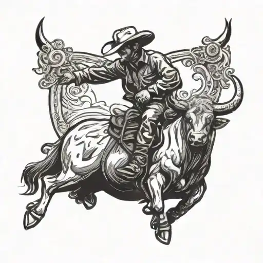 A cowboy riding a bull in a traditional rodeo setting tattoo design idea