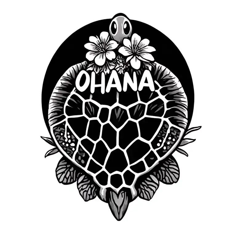"Ohana" Hawaiian sea turtle with flowers tattoo design idea