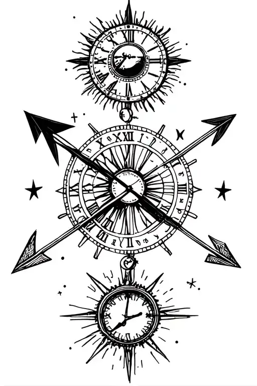Passage of time with stars and arrows pointing toward different sundials, clocks, and time in an abstract format.  tattoo design idea