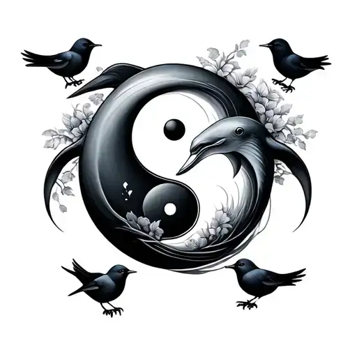 ying yang symbol with a dolphin and 3 little birds tattoo design idea