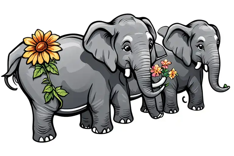 4 cartoon elephants in a row. one holding 2 flowers with trunk tattoo design idea