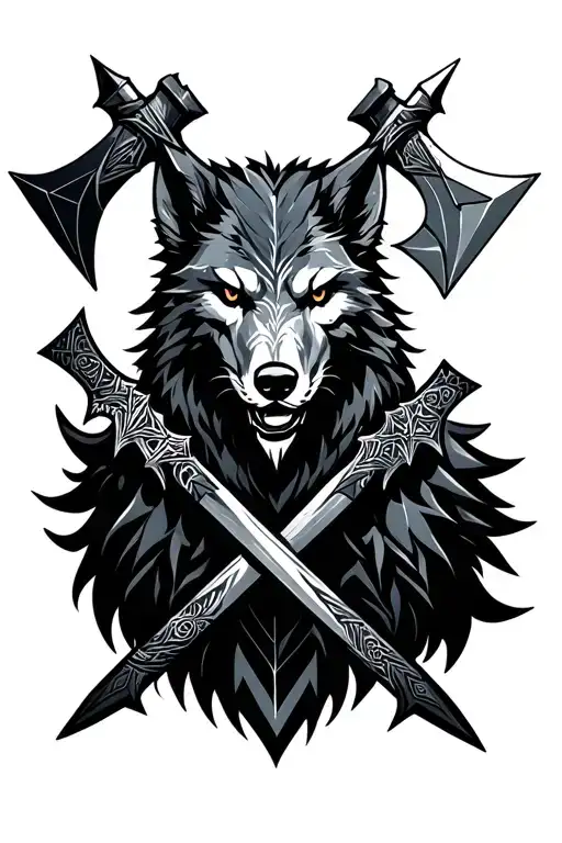 Fenrir with nordic axes crossed beneath tattoo design idea