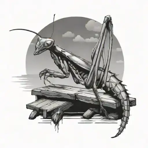 mantis sitting on a dock looking at the sky tattoo design idea