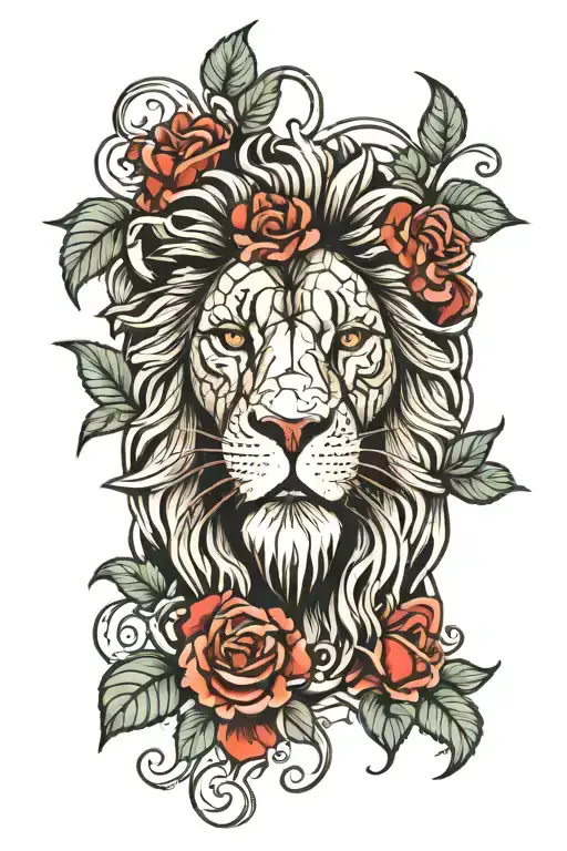 lion with GERANIUMS and ruby eyes looking tattoo design idea