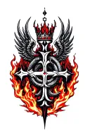 Flamel symbol from Fullmetal Alchemist, serpent on cross, wings and crown, tattoo style, alchemical, black and red ink tattoo design idea