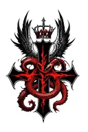 Flamel symbol from Fullmetal Alchemist, serpent on cross, wings and crown, tattoo style, alchemical, black and red ink tattoo design idea