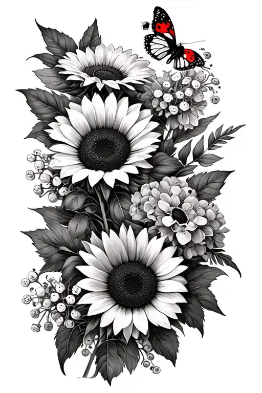 make a tattoo with sunflowers, daisy’s, baby breath, hydrangeas and butterfly bush with a lady bug on a flower a humming tattoo design idea