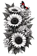 make a tattoo with sunflowers, daisy’s, baby breath, hydrangeas and butterfly bush with a lady bug on a flower a humming tattoo design idea