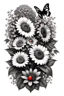 make a tattoo with sunflowers, daisy’s, baby breath, hydrangeas and butterfly bush with a lady bug on a flower a humming tattoo design idea