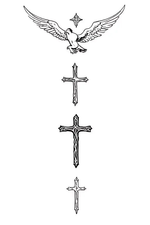 Saint michael archangel on lower wrist, then 3 crosses, then a dove on top tattoo design idea