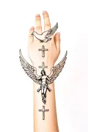 Saint michael archangel on lower wrist, then 3 crosses, then a dove on top tattoo design idea