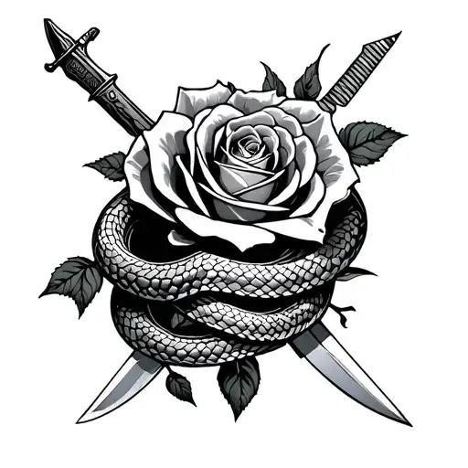 roses knives and snake wrapped tattoo design idea