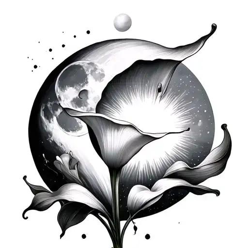 sun, calla lily and a moon tattoo design idea