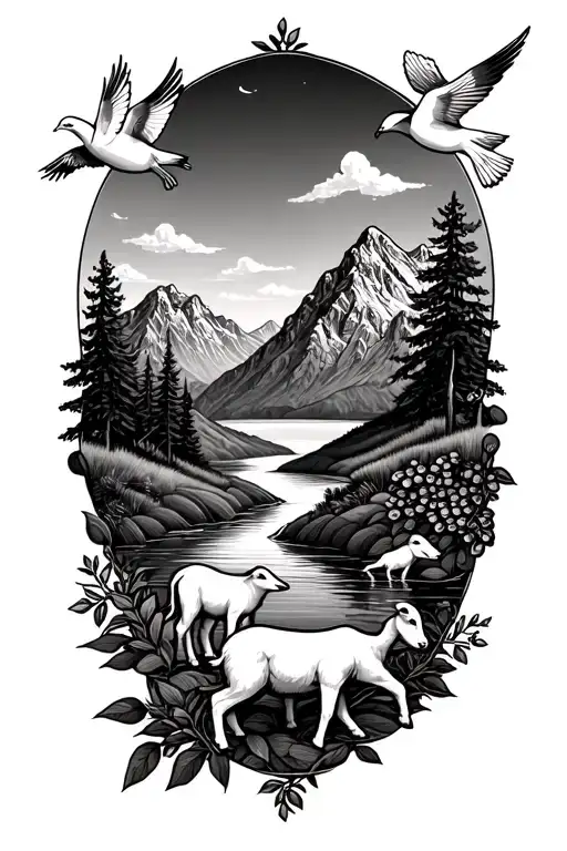 Mountain range with a river, doves, a lamb drinking from the river, a shepherd surrounded by olive branches tattoo design idea