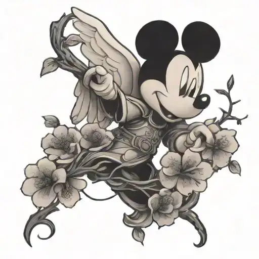mickey mouse angel and cherry blossom branches tattoo design idea