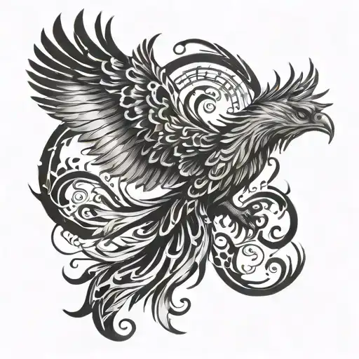 A majestic phoenix rising from the ashes, incorporating elements of Taekwondo movements and musical notes tattoo design idea