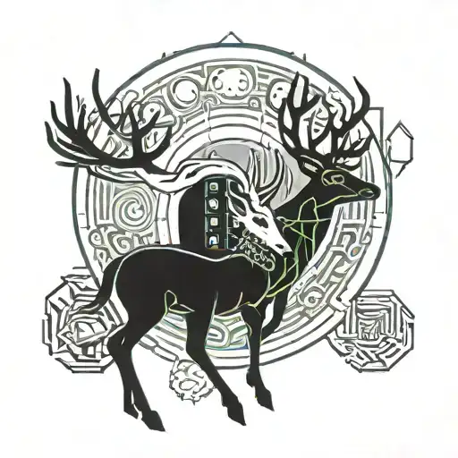 three connected deer in front of a moon cookie  with a bite out of the edge  tattoo design idea