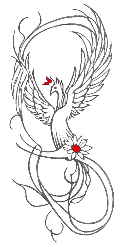 feminine phoenix rising wings spread long flowing tail feathers brush strokes with lotus, red spider Lilly and sunflower tattoo design idea