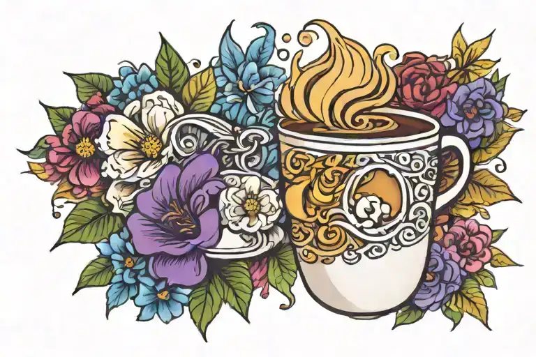 An intricate tattoo design featuring a steaming cup of iced coffee/dalgona surrounded by a colorful array of paintbrush strokes, symbolizing your love for Korean folk art and painting tattoo design idea