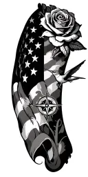 American flag, rose, turtle, hummingbird compass tattoo design idea
