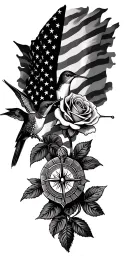 American flag, rose, turtle, hummingbird compass tattoo design idea