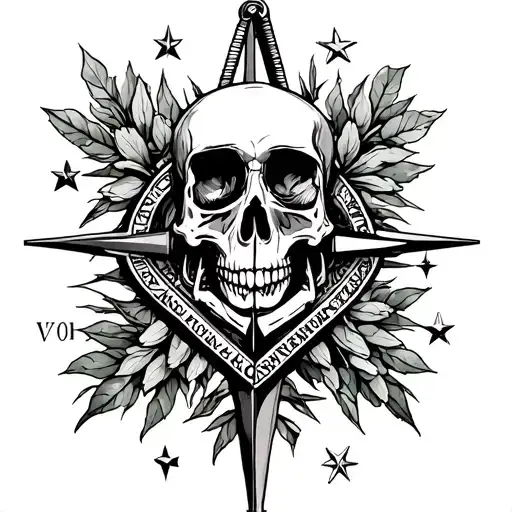 negative masonnic tattoo with skull, stars, compass and acacia tattoo design idea