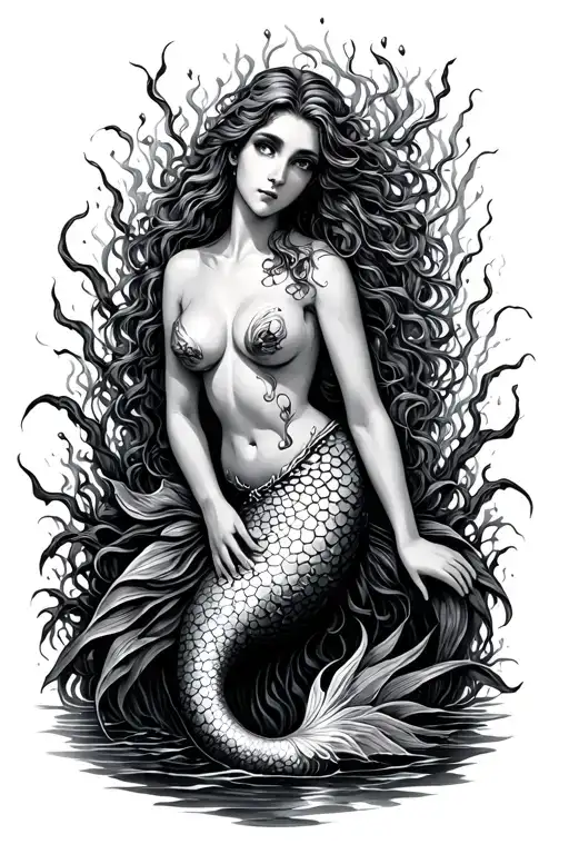 ocean scene, Aphrodite mermaid, surrounded by seaweed tattoo design idea