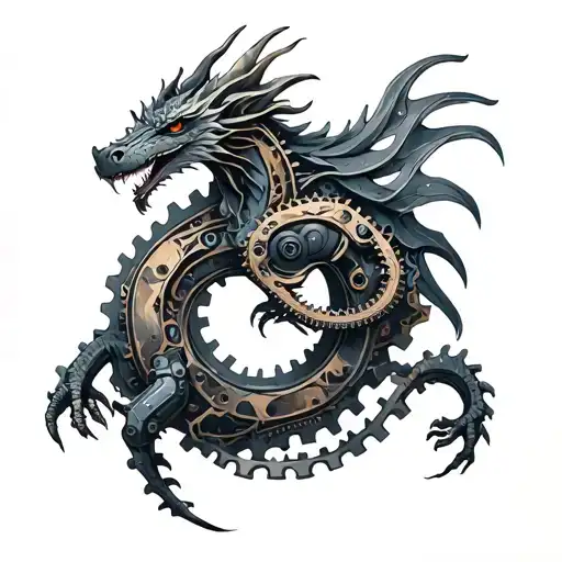 An intricate mechanical dragon intertwined with automotive gears and pistons tattoo design idea