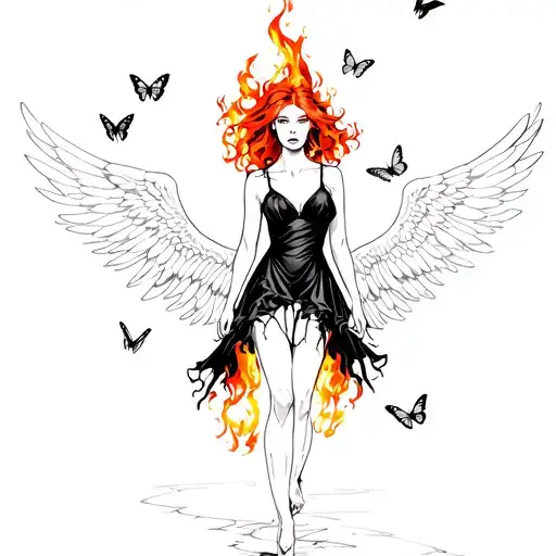 a leo woman with fire red hair and angel wings on fire black dress torn and tattered  with six butterflys flying around  tattoo design idea