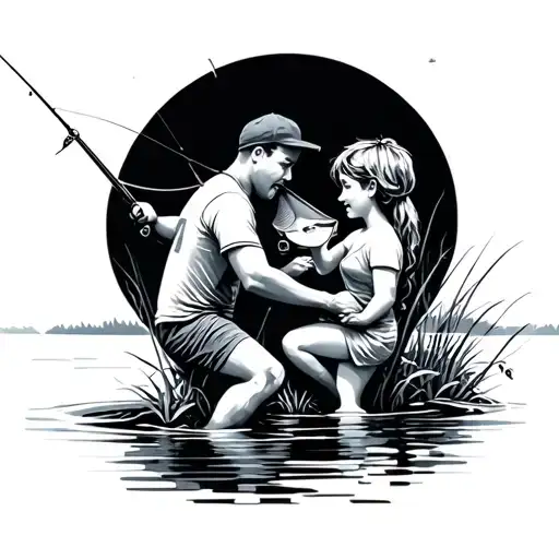some parents with their son fishing tattoo design idea