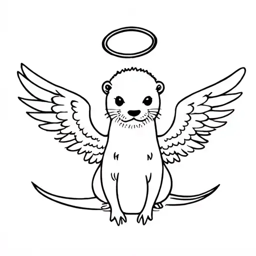 otter with angel halo and wings spread wings with head center tattoo design idea